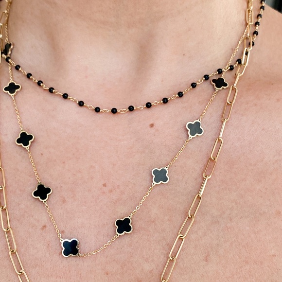 14K Yellow Gold Onyx Clover Station Necklace - Picture 9 of 9